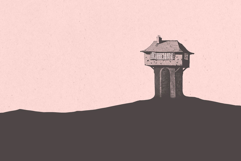 Drawing of an Uncertain house against a pink sky.