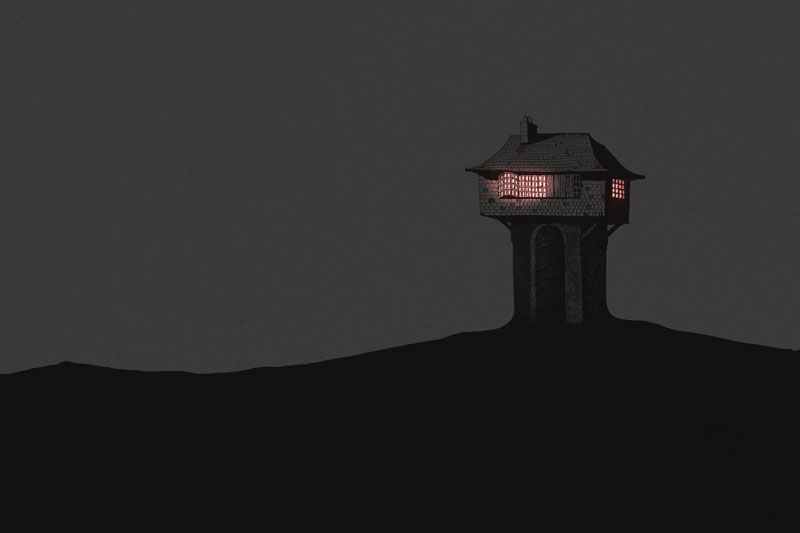 Drawing of an Uncertain house against a night sky.